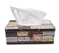 Wood Tissue Box Cover with PU Leather & Vintage Pattern - Rectangle Decorative Tissue Holder for Home, Car, Office, Bathroom, Desk - Fits Standard Medium Tissues with Lid (Stop Style)