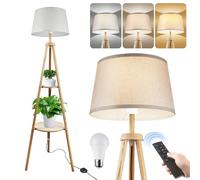 Wood Tripod Floor Lamp with Shelves, Dimmable & Adjustable Color Temperature (3000K-6000K), Remote Control & Foot Switch, 1-Hour Timer, Standing Lamp for Living Room, Bedroom, Office, Bulb Included