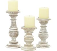 Wood Turned Style Pillar Candle Holder with Distressed Finish, Set of 3, 6", 8", 10" H, Cream