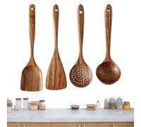 Wood Utensils - Set of 4 Safe Natural Spoons, Non-Scratch Cooking Tools, Large Soup Ladle, Spatula for Mixing Stirring, Kitchen Cookware, Use on Nonstick Pots Pans, Easy Clean Natural Wood