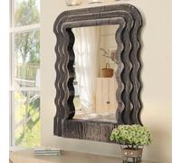 Wood Vanity Mirror Irregular Wave Frame Wall Mirrors Modern Decorative Entryway Bedroom Bathroom Living Room Hallway Unique Artistic Hanging or Leaning Against