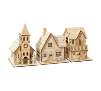Wood Village Houses - LED Table Christmas Cabin | 3X Decorative Mini Ornaments, Light Up Holiday Display, Cute Wooden Desk Figurines, Home Decor for Bedroom Kitchen Farmhouse Bookshe