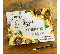 Wood Vintage Corner Sunflowers Message Notes Keepsake Wedding Guest Book | Personalised Wedding Guest Book | Message Book | Keepsake Book | Wooden Guest Book | Memory Book