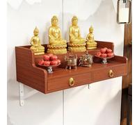 Wood Wall-Mounted Buddhist Altar Frame with Pull-Out Drawer, Small Prayer Meditation Offering Niche for Incense Tribute