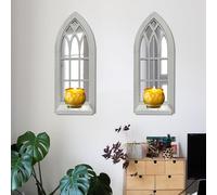 Wood Wall Sconce Candle Holder Set 2, Rustic Candle Sconces, Farmhouse Hanging Wall Décor, Carved Wood Frame, Mirrored Wall Accent