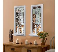 Wood Wall Sconce Candle Holder Set 2, Rustic Wall-Mount, Farmhouse Hanging Wall Décor, Carved Wood Frame, Mirrored (Distressed White)