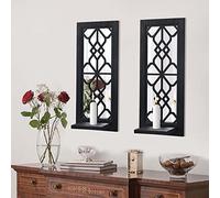 Wood Wall Sconce Candle Holder Set 2, Rustic, Wall-Mount, Farmhouse Hanging Wall Décor, Carved Wood Frame, Mirrored Candle Holder (Black)