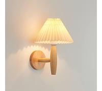 Wood Wall Sconce Modern Wall Mount Light Pleated Fabric Wall Lamp Shade, Nordic Hardwired Sconces Indoor Wall Lights for Bedroom Bedside Living Room, E27 Vanity Lamps