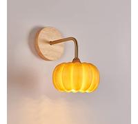 Wood Wall Sconce Nordic Wall Light with Pumpkin Sresin Lampshade, Wooden Wall Mount Lighting Fixture Modern Hardwired Sconces Lamps for Bedroom Bedside Living Room