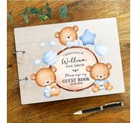 Wood Watercolour Blue Teddy Bear Message Notes Keepsake Christening Guest Book | Personalised Christening Guest Book | Message Book | Keepsake Book | Baptism Guest Book | Confirmation Book