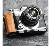 Wood Wooden Handle Hand Grip + Aluminum Base plate L Holder For OM-5 Mirrorless Camera (Walnut,Black Baseplate)