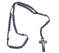 Wood wooden jet black long cord rosary beads necklace 61cm