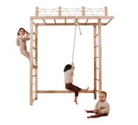 WoodandHearts Indoor Climbing Frame, Climbing Wall, Kids Gymnastics Bar, Swedish Ladder in White+Natural Wood Color (Rope with round seat Natural wood)