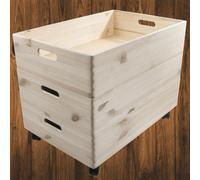 Woodeedoo 3 Tier Extra Large Shallow Open Top Wooden Storage Boxes With Wheels And Stackable Crate 59.5X39.5X45.5Cm