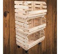 Woodeedoo 3-Tier Stackable Wooden Vegetable Rack Storage Crate Set With Wheels Mobile Food Kitchen Organiser 39.5X29.5X74.5Cm