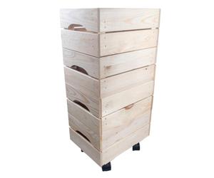WooDeeDoo | 4 Tier | Small Decorative Wooden Crate With Wheels | 31 x 23 x 65 cm | Flat Packed Slatted Solid Storage Box | Display Plants Apple Fruits DIY Hamper Toy Chest | Unpainted Natural Pine