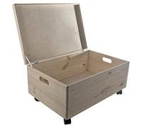 WooDeeDoo Extra Large Deep Wooden Storage Chest With Lid Handles and Wheels - 60 x 40 x 28 cm Pine Organiser for Toys Crafts Bedroom - Unfinished Mobile Decorative 47L Container