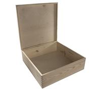 WooDeeDoo Extra Large Square Wooden Storage Box with Hinged Lid - 40 x 40 x 13.5 cm - Deep Unfinished Pine Case for Crafts Keepsakes Documents Memory Storage