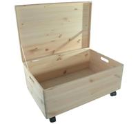 WooDeeDoo Extra Large Wooden Underbed Storage Box with Hinged Lid on Wheels - 59.5 x 39.5 x 29 cm - Decorative Pine Chest Trunk for Toys Blankets Crafts Home Bedroom Loft Garage Organisation