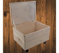 WooDeeDoo Large Deep Wooden Storage Box on Wheels - Hinged Lid Unpainted Pine Crate to Decorate - Rolling Keepsake Craft Chest 6L - Container for Memory Organisation - 40 x 30 x 28 cm
