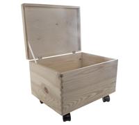 WooDeeDoo Large Deep Wooden Storage Box on Wheels - Hinged Lid Unpainted Pine Crate to Decorate - Rolling Keepsake Craft Chest 6L - Container for Memory Organisation - 40 x 30 x 28 cm