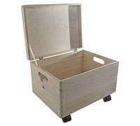 WooDeeDoo Large Deep Wooden Storage Box With Hinged Lid Handles and Wheels - 40 x 30 x 28 cm Pine Craft Keepsake Toy Chest Unfinished Decorative 21L Container for Bedroom Home Organisation