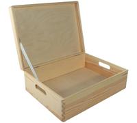WooDeeDoo Large Plain Shallow Wooden Box With Lid & Cut-out Handles | 40 x 30 x 13 cm | Keepsake Trinket Valuables Toy Storage Container | Unfinished Decorative Wood