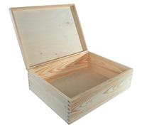 WooDeeDoo Large Rectangular Wooden Storage Box with Hinged Lid - 40 x 30 x 13.5 cm - Unfinished Pine Craft Case for A4 Paper Files Keepsakes Memorabillia DIY Gifts