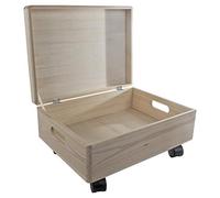 WooDeeDoo Large Shallow Under Bed Wooden Storage Box With Lid Wheels and Handles - 40 x 30 x 19 cm Pine Keepsake Craft Organiser Unfinished Decorative 12L Container for Bedroom or Gift Use