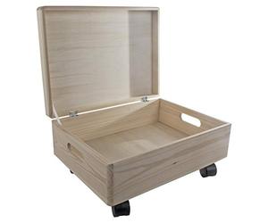 WooDeeDoo Large Shallow Under Bed Wooden Storage Box With Lid Wheels and Handles - 40 x 30 x 19 cm Pine Keepsake Craft Organiser Unfinished Decorative 12L Container for Bedroom or Gift Use