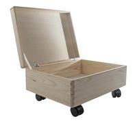 WooDeeDoo Large Shallow Wooden Storage Box on Wheels - Hinged Lid Pine Chest to Decorate - Underbed 12L Crate for Crafts Keepsakes Memorabilia - Unfinished Wood - 40 x 30 x 19 cm