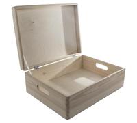 WooDeeDoo Large Shallow Wooden Storage Box with Hinged Lid and Cut-Out Handles - Unfinished Pine Craft Chest - Decorative Keepsake 16L Container Organiser to Paint or Personalise - 40 x 30 x 14 cm