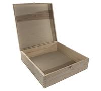 WooDeeDoo Large Square Wooden Storage Chest with Hinged Lid and Clasp - 36 x 36 x 10.5 cm - Pine Box for Personalised Gifts Memory Keepsakes Scrapbook Supplies Decor