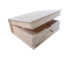 WooDeeDoo Lockable Deep Wooden Book Shaped Storage Box - Large Decorative Keepsake Gift Case with Key Lock for Crafts Accessories Jewellery DIY Project Unfinished Wood - 24 x 19 x 8 cm