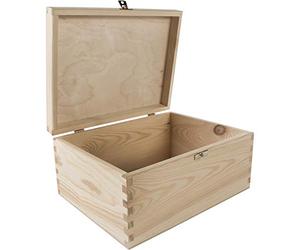 WooDeeDoo Medium Rectangular Wooden Storage Box with Lid and Clasp - 28 x 21 x 13 cm - Plain Pine Memory Keepsake Craft Chest for DIY Gifts Decoration Pyrography Engraving