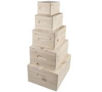 WooDeeDoo Nestable Set of 5 Wooden Storage Boxes with Hinged Lids - Smooth Rounded Pine Keepsake Chests for Gifts Crafts or Home Organisation - XSmall to Large+ - 21 to 37 cm Sizes