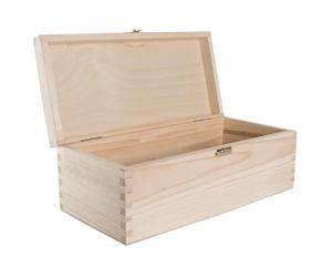 WooDeeDoo Oblong Wooden Storage Box with Hinged Lid and Clasp - 30 x 14 x 10.5 cm - Pine Keepsake Case for Tools Crafts Gift Packaging Memory Items