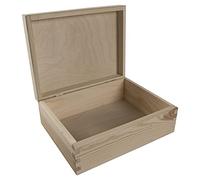WooDeeDoo Rectangular Wooden Storage Box with Hinged Lid - 21.5 x 16.5 x 8 cm - Unfinished Pine Gift Chest for Crafts Stationery Letters Trinkets Memory Keepsakes DIY Decoupage