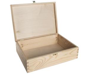 WooDeeDoo Rectangular Wooden Storage Box with Hinged Lid and Clasp - 34 x 25 x 10 cm - Unfinished Pine Case for A4 Documents Art Supplies Craft Projects Office Organisation