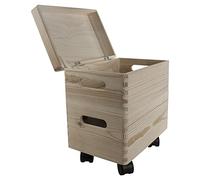WooDeeDoo Set of 2 Small Wooden Stackable Storage Boxes | 30 X 20 X 32 cm | Top Box with Hinged Lid | Bottom Crate on Wheels | Unpainted Plain Decorative Pine