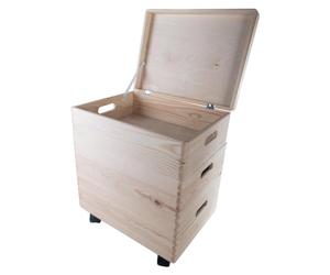 WooDeeDoo Set of 3 Medium Wooden Stackable Storage Boxes | 40 X 30 X 45 cm | Top Box with Hinged Lid | Bottom Crate on Wheels | Unpainted Plain Decorative Pine