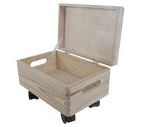 WooDeeDoo Small Under Bed Wooden Storage Box With Hinged Lid Wheels and Cut-Out Handles - 30 x 20 x 19 cm Pine Keepsake Craft 6L Chest Unpainted Decorative Container for Bedroom or Display