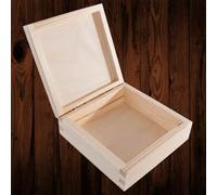 WooDeeDoo Square Wooden Storage Box with Hinged Lid - 14 x 14 x 5 cm - Unfinished Pine Craft Case for Trinkets Jewellery Letters Keepsakes Gift Decoration DIY Decoupage