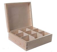 WooDeeDoo Wooden Decorative Box with 9 Compartments | 24 x 21 x 8 cm | Accessories Storage Case Tea Bag Sewing Jewellery Caddy Organiser Divided Sections| Natural Unpainted & Untreated Wood for Craft