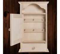 WooDeeDoo Wooden Key Cabinet with 6 Hooks and Drawer - Wall Mounted Indoor Key Box Holder Storage Cupboard for Hallway - Unfinished Wood - 19.5 x 6 x 35.5 cm