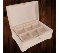 WooDeeDoo Wooden Treasure Chest with Key Lock and Hinged Lid - 6-Compartment Inner Tray - Unfinished Pine Storage for Jewellery Keepsakes Crafts - Customisable Decorative Box - 30 x 20 x 13 cm