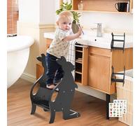 Wooden 2 Step Stool for Kids, Adjustable Toddler Learning Standing Ladder Tower with Safety Rail and Anti-Slip Step, Kitchen Toddler Stool Helper for Bathroom Sink Toilet Potty Training (Black)