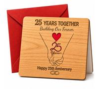 Wooden 25th wedding anniversary card, Wife Husband Giftss | Wood Greeting Set, 16x16cm Red Envelope, 15x22cm Unfolded Silver Wedding Anniversary Card For Memorable Romantic Celebration
