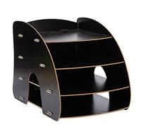 Wooden A4 File Organizer Arc Shaped Multi Layer Book Holder Desk Storage Box for Office Home Cherry Black 34.5cm x 24.5cm x 27.5cm Document Sorter (All Black)