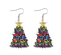 Wooden/Acrylic Christmas Tree Drop Dangle Earrings Shinning Glitter Colorful Christmas Tree Earrings Unique Bookshelf Book Christmas Tree Shape Hook Earrings Christmas Xmas Holiday Jewelry Gifts, Wood